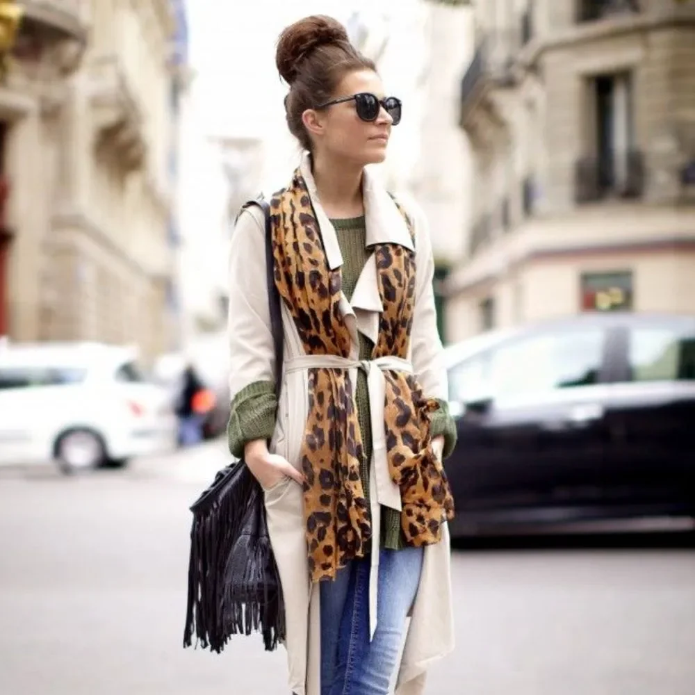 VTG Leopard Print Long Scarf Leopard Print Mobs Wife Ribbon Tie Versatile Chic